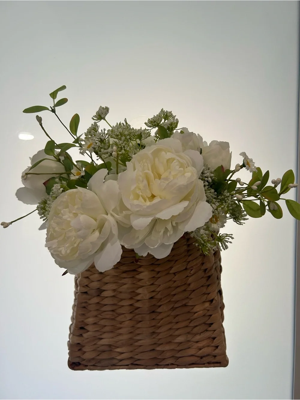 Artificial White Peony Arrangement in Woven Basket - Home Accents